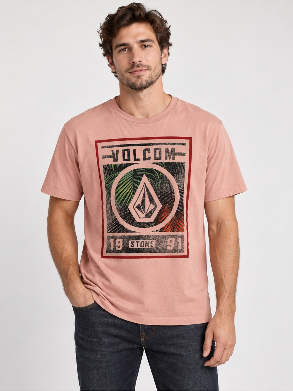 Volcom Men's Dusty Pink Tropical Logo Tee